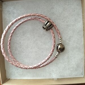 Pandora Leather Sterling Silver Claps Double Wrap Bracelet Women's